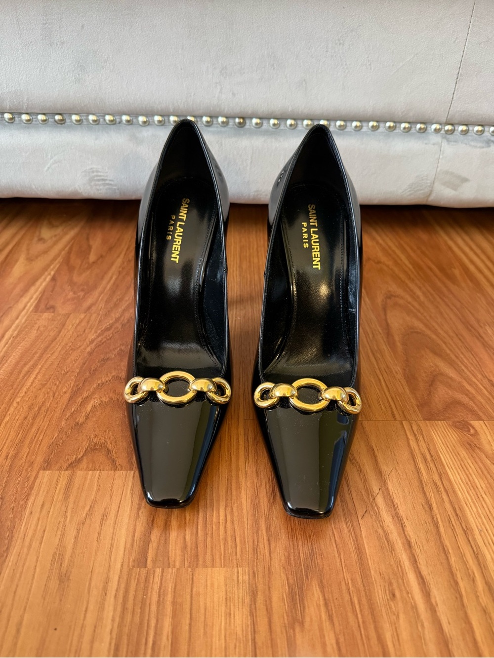 Saint Laurent Black Patent Leather Pumps with Gold Chain Accent